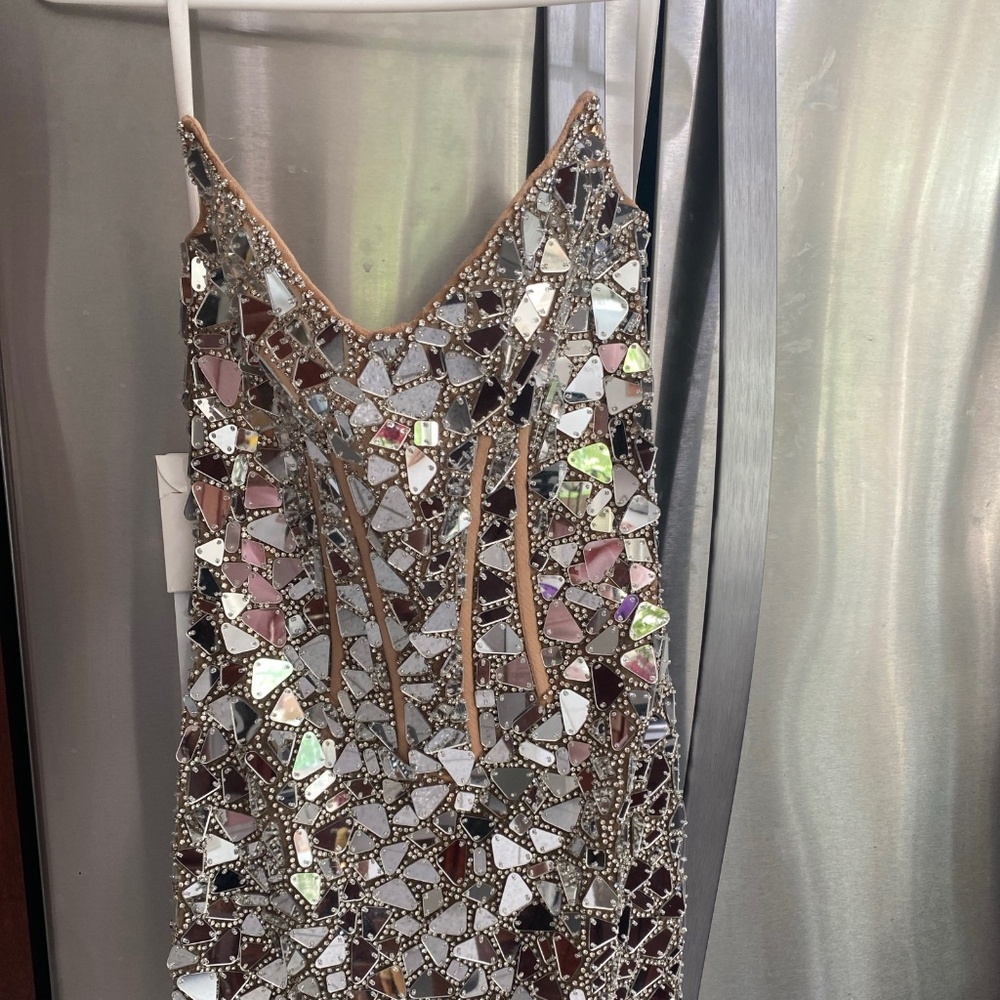 Portia & Scarlett sz 2 strapless silver mirror cut out